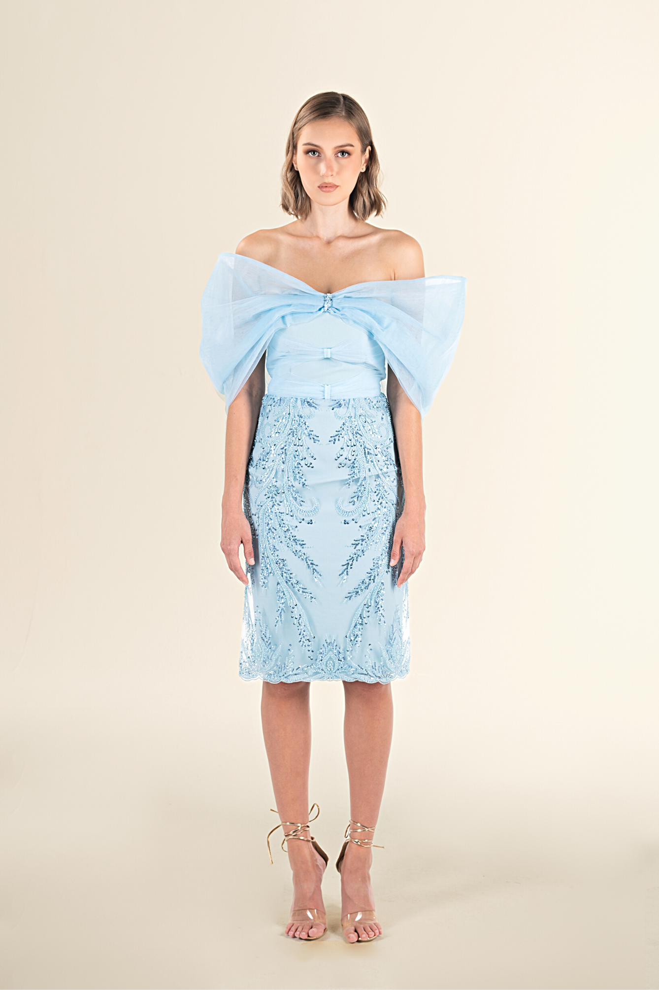 Serenity Blue Bow-Embellished Lace Dress