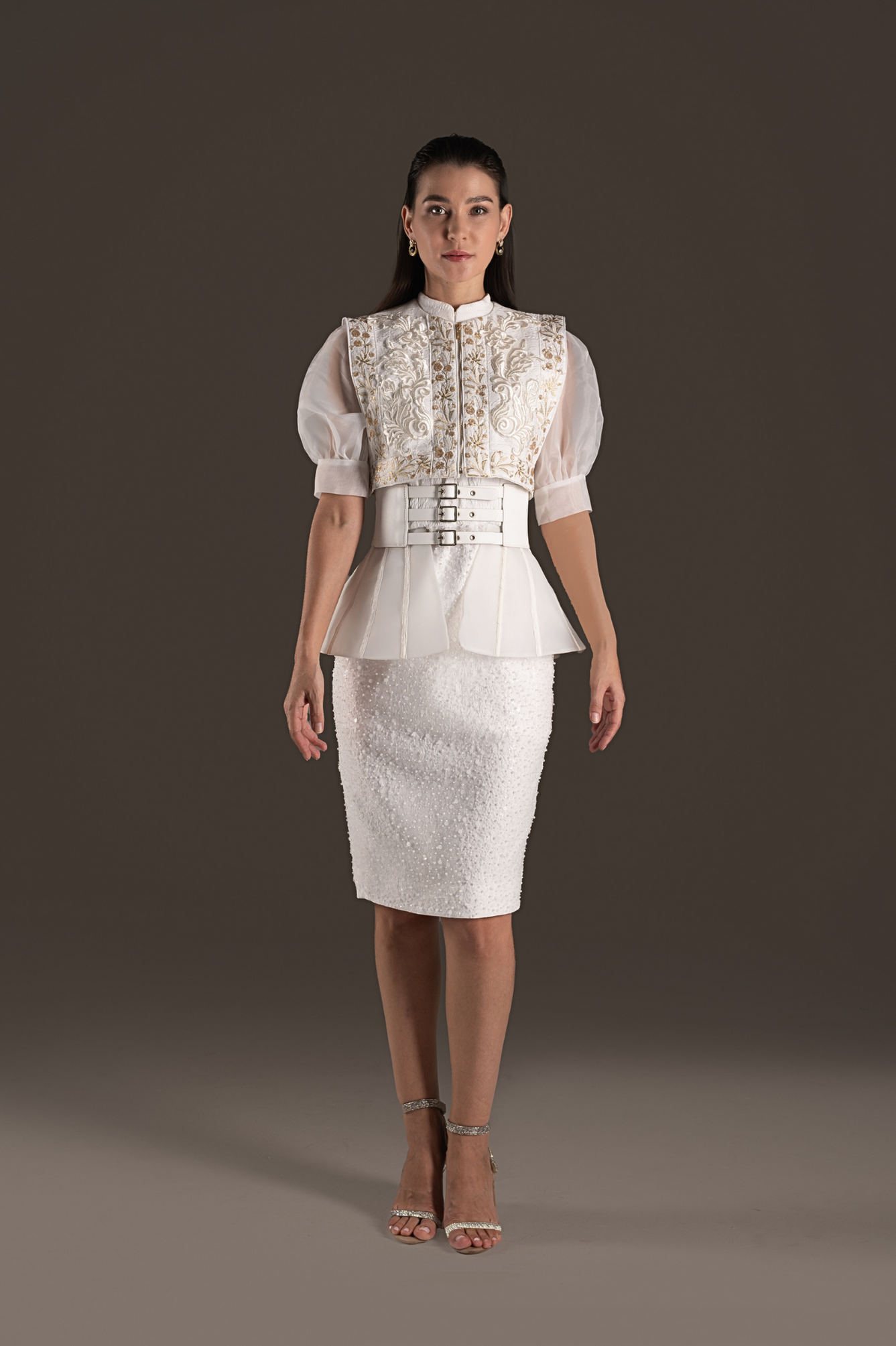 Sequin Embellished Peplum Pencil Dress - Ivory Cream