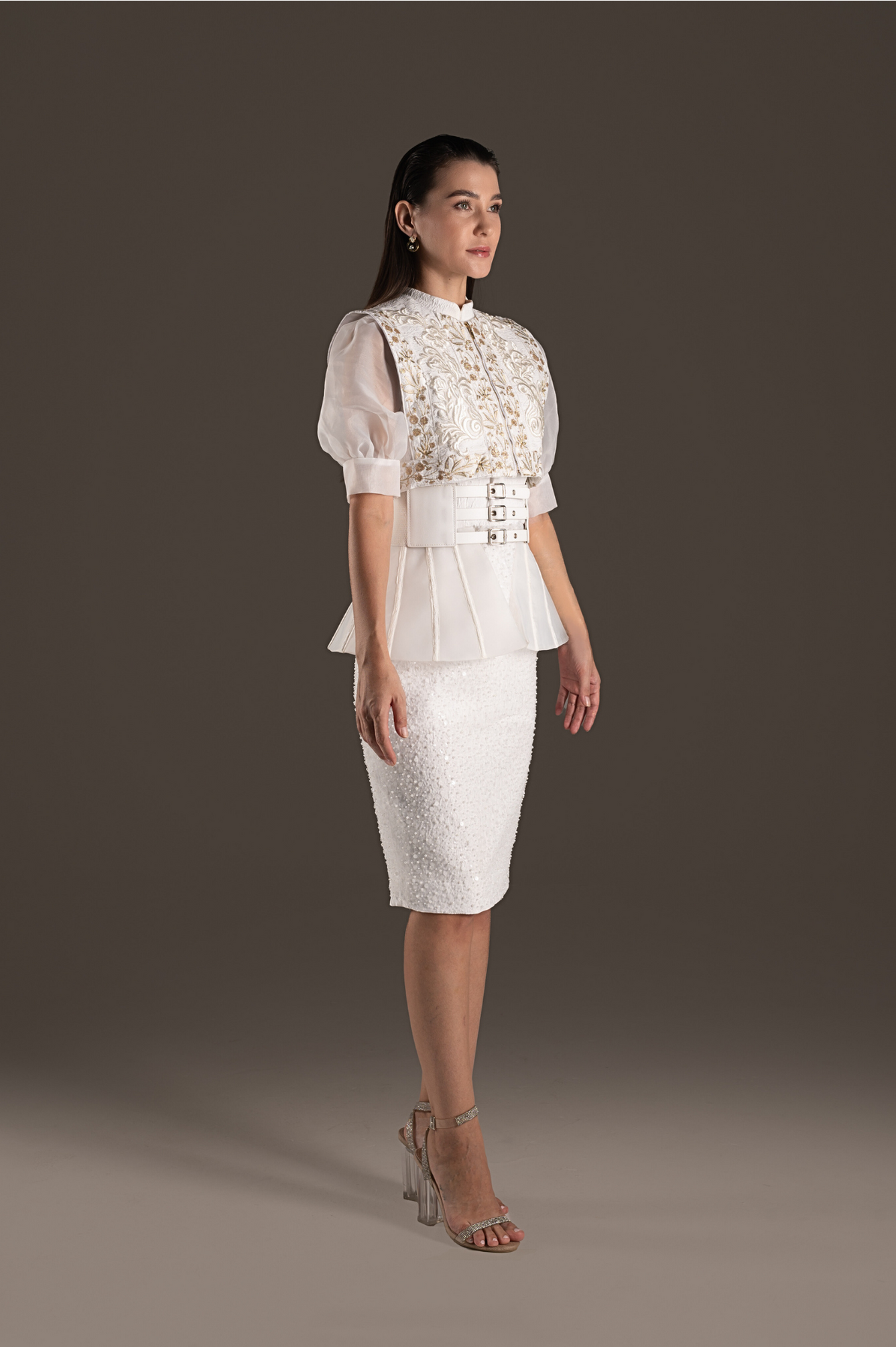 Sequin Embellished Peplum Pencil Dress - Ivory Cream