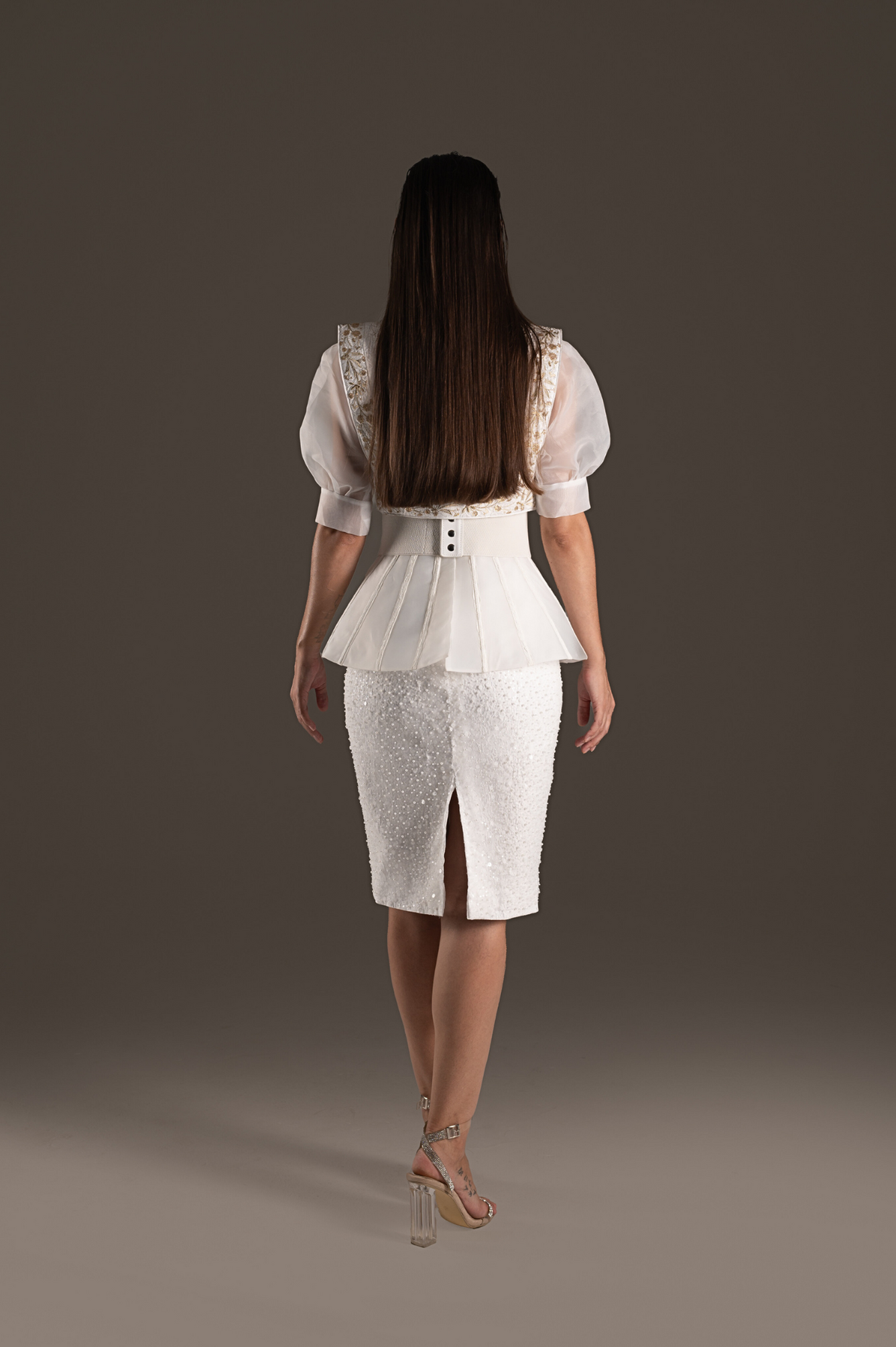 Sequin Embellished Peplum Pencil Dress - Ivory Cream
