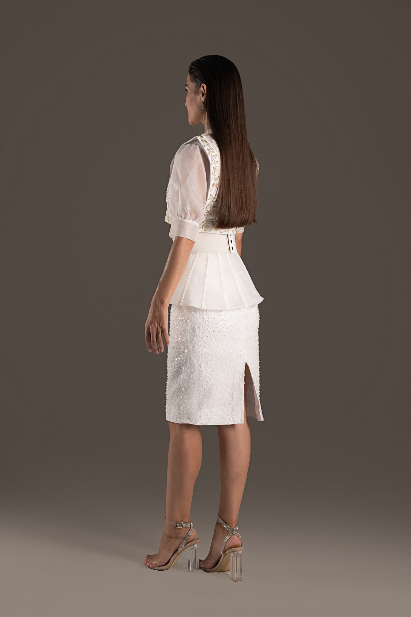 Sequin Embellished Peplum Pencil Dress - Ivory Cream