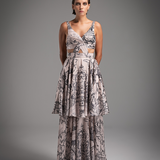 Cream Crossover Full Printed Long Dress