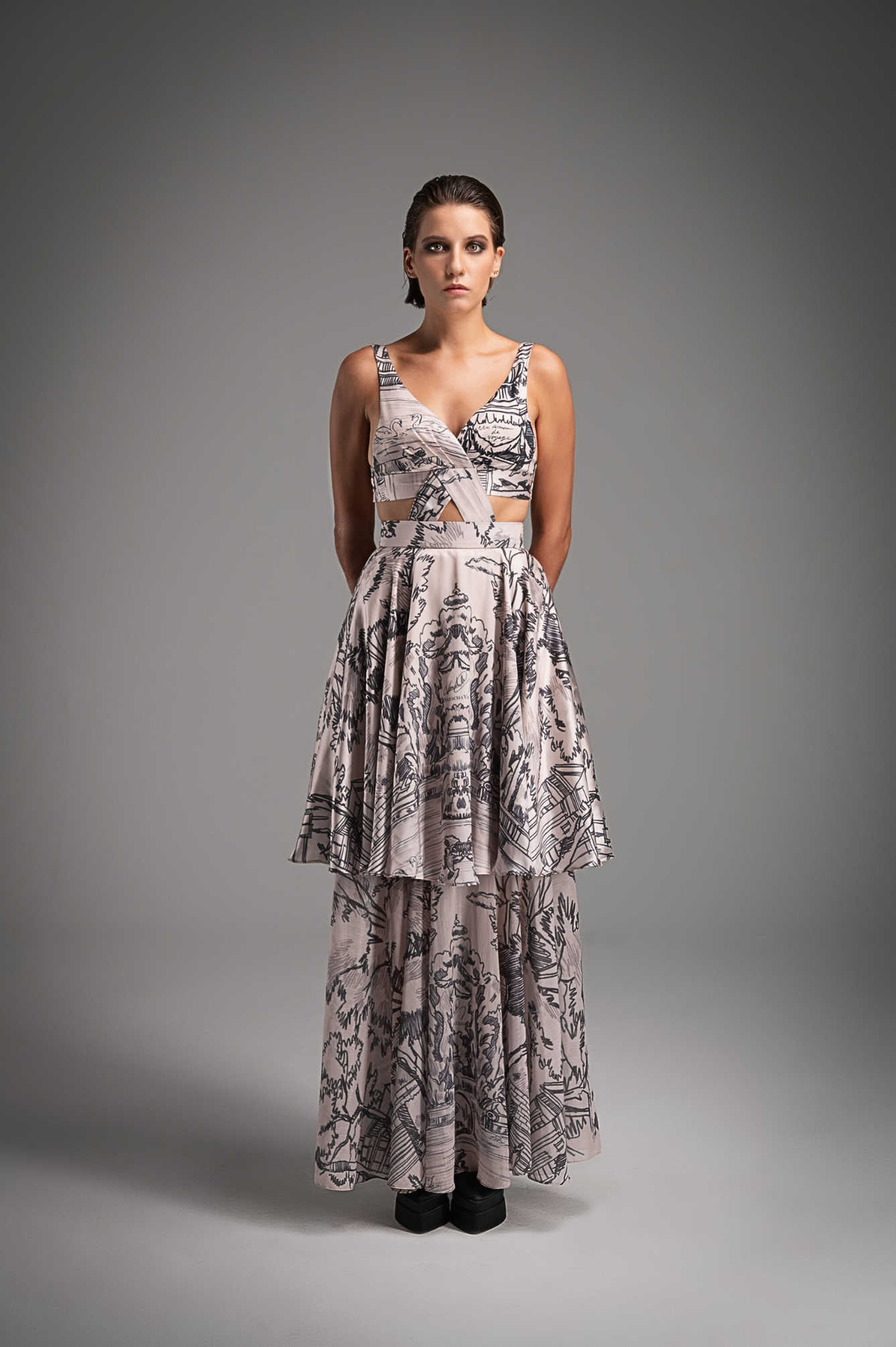Cream Crossover Full Printed Long Dress