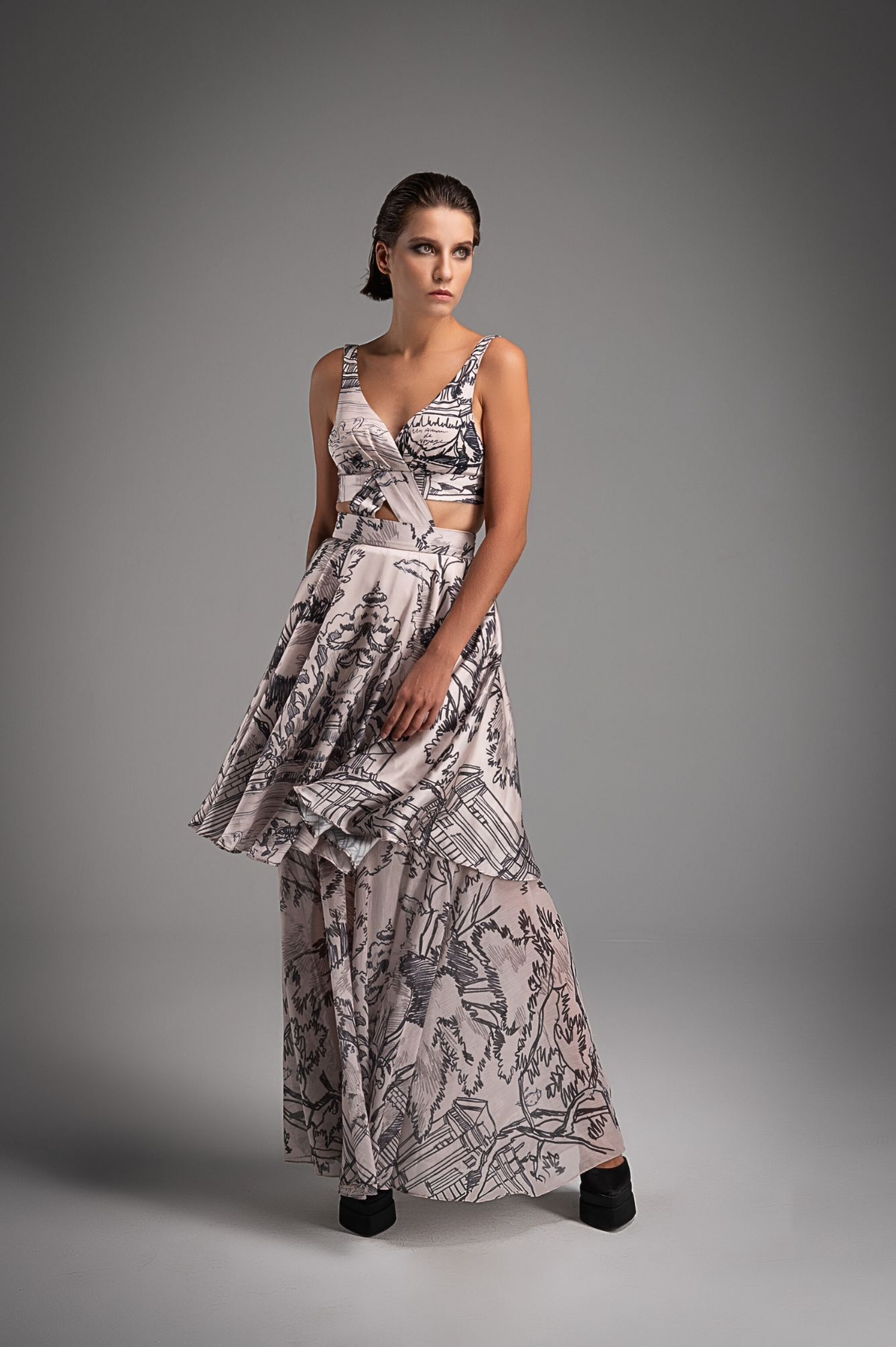 Cream Crossover Full Printed Long Dress