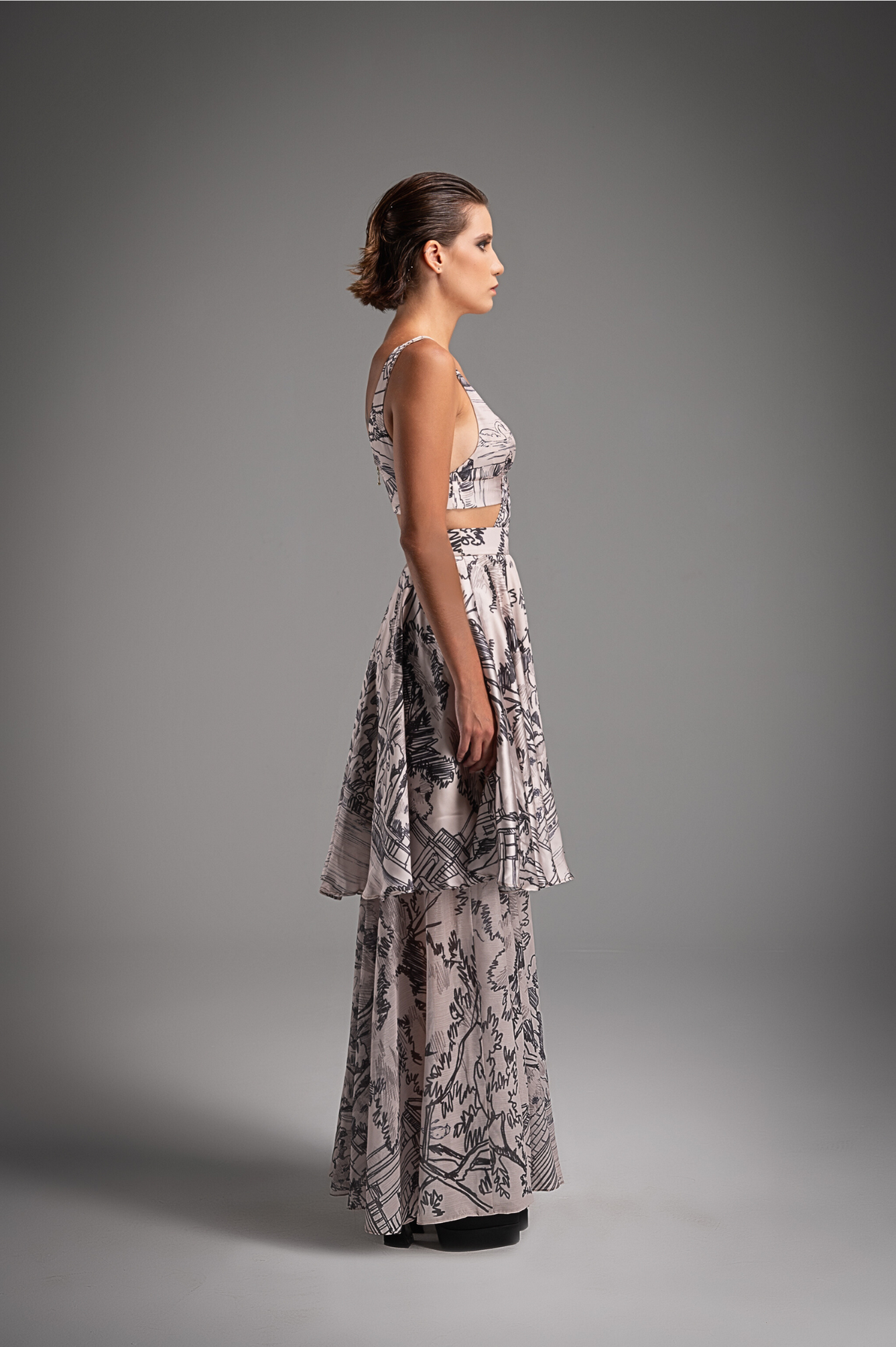 Cream Crossover Full Printed Long Dress