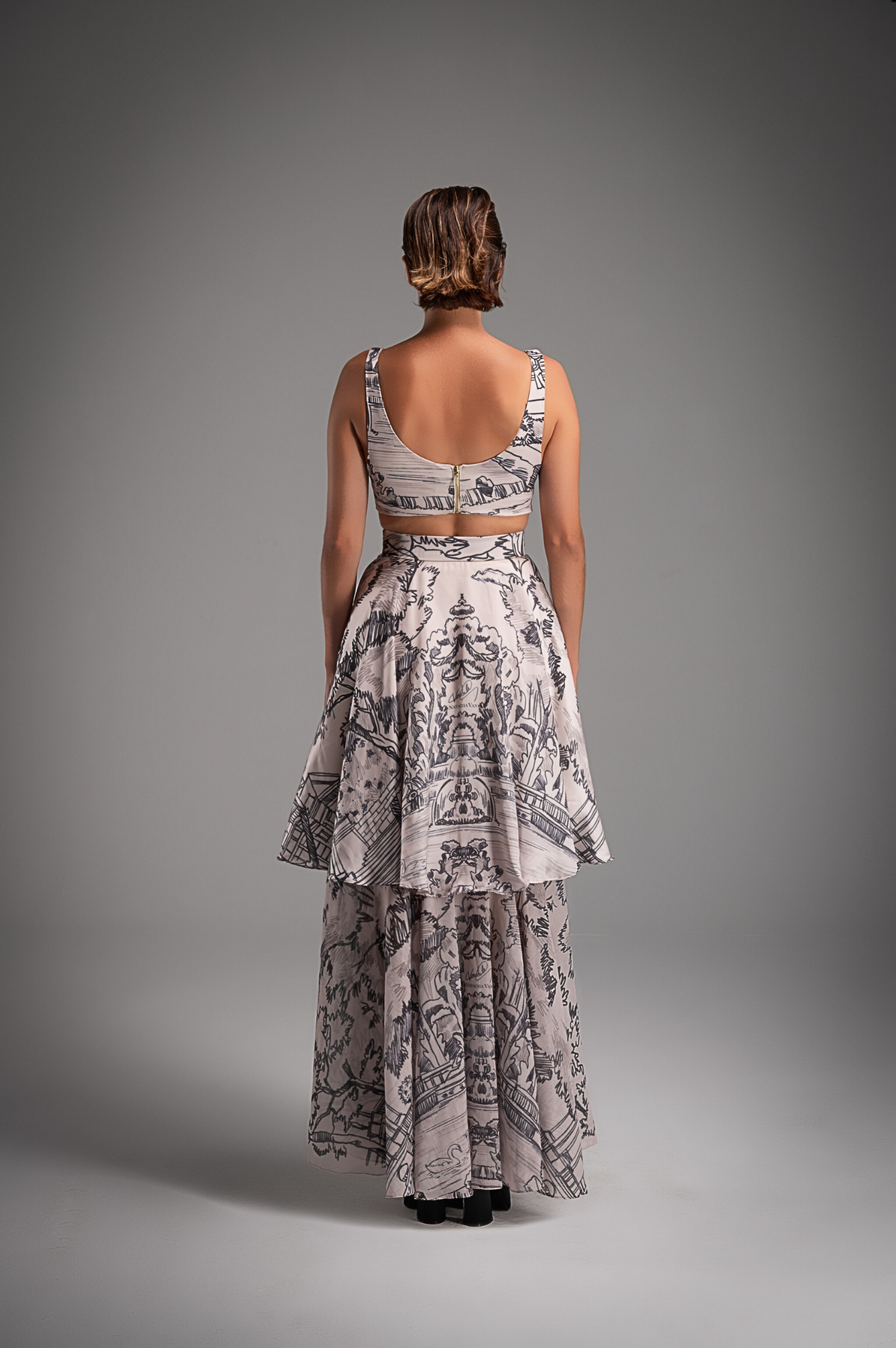 Cream Crossover Full Printed Long Dress