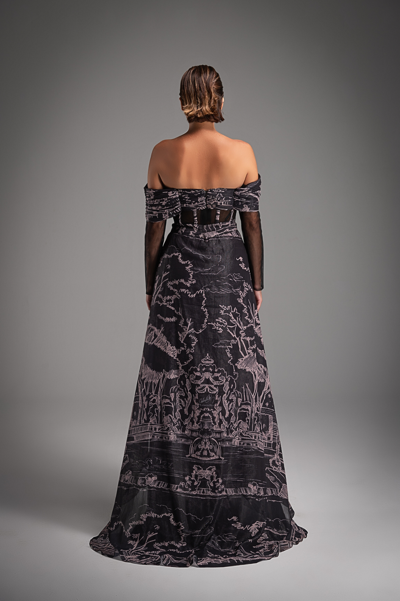 Charcoal Iconic Print Off-Shoulder Dress