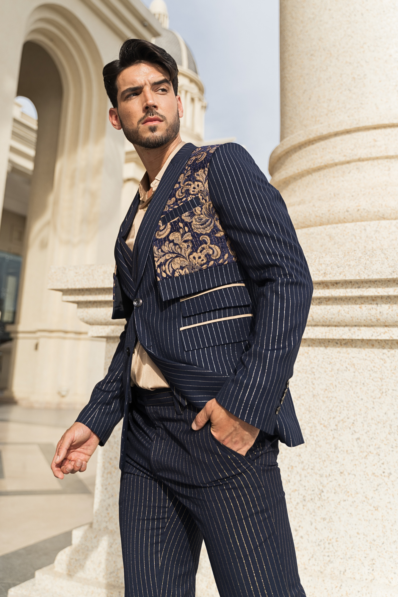 Pinstripe Elegance with Floral Accent Suit