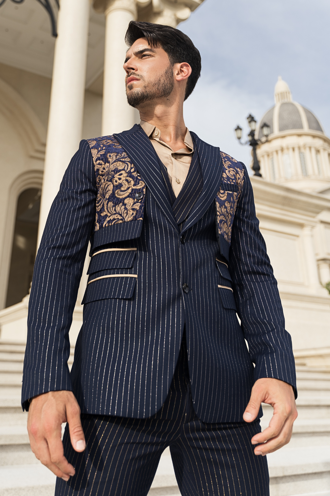 Pinstripe Elegance with Floral Accent Suit
