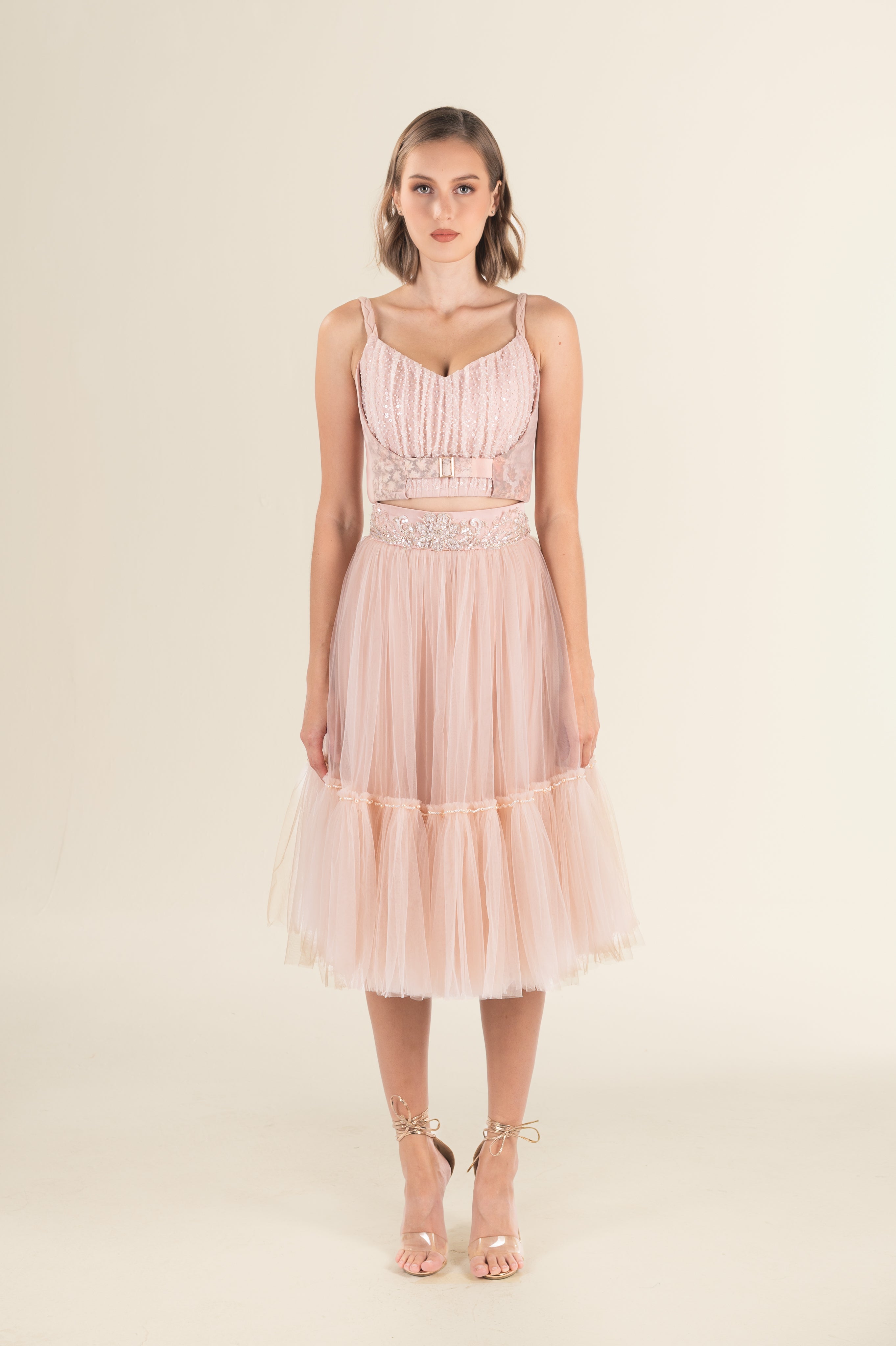 Blush Tulle Embellished Belted Midi Dress