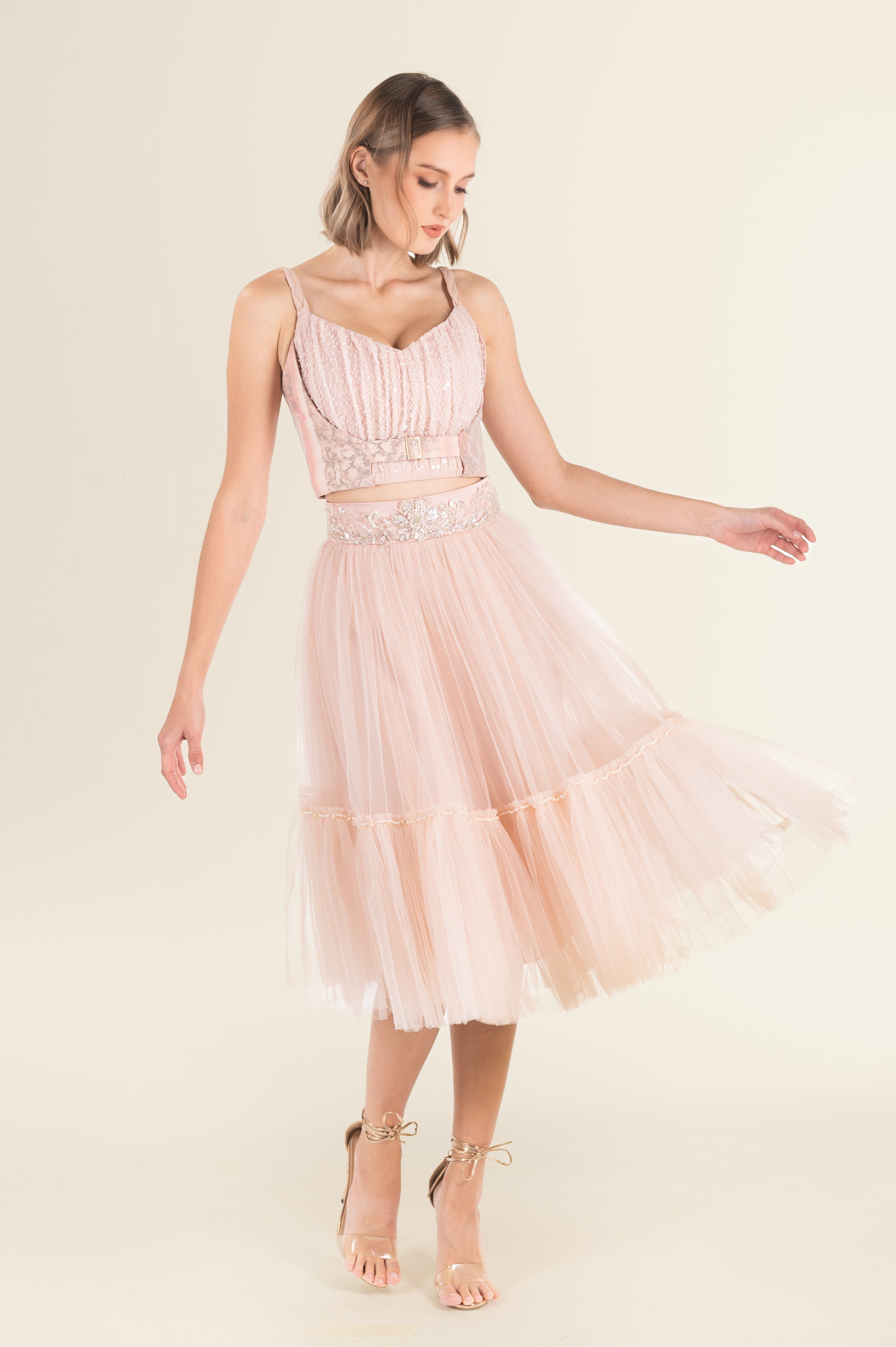 Blush Tulle Embellished Belted Midi Dress