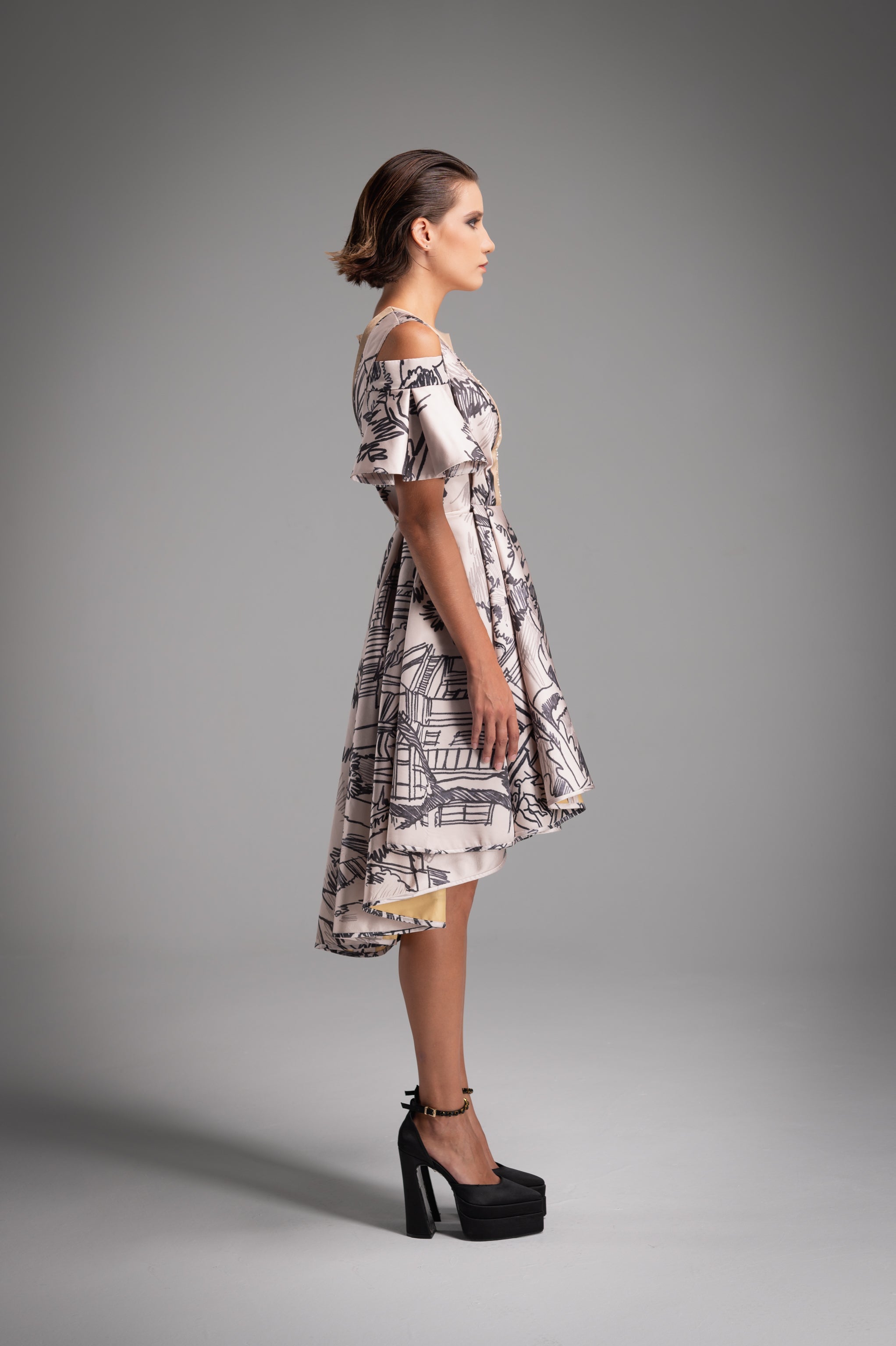 Cream Satin Printed Ruffle Dress