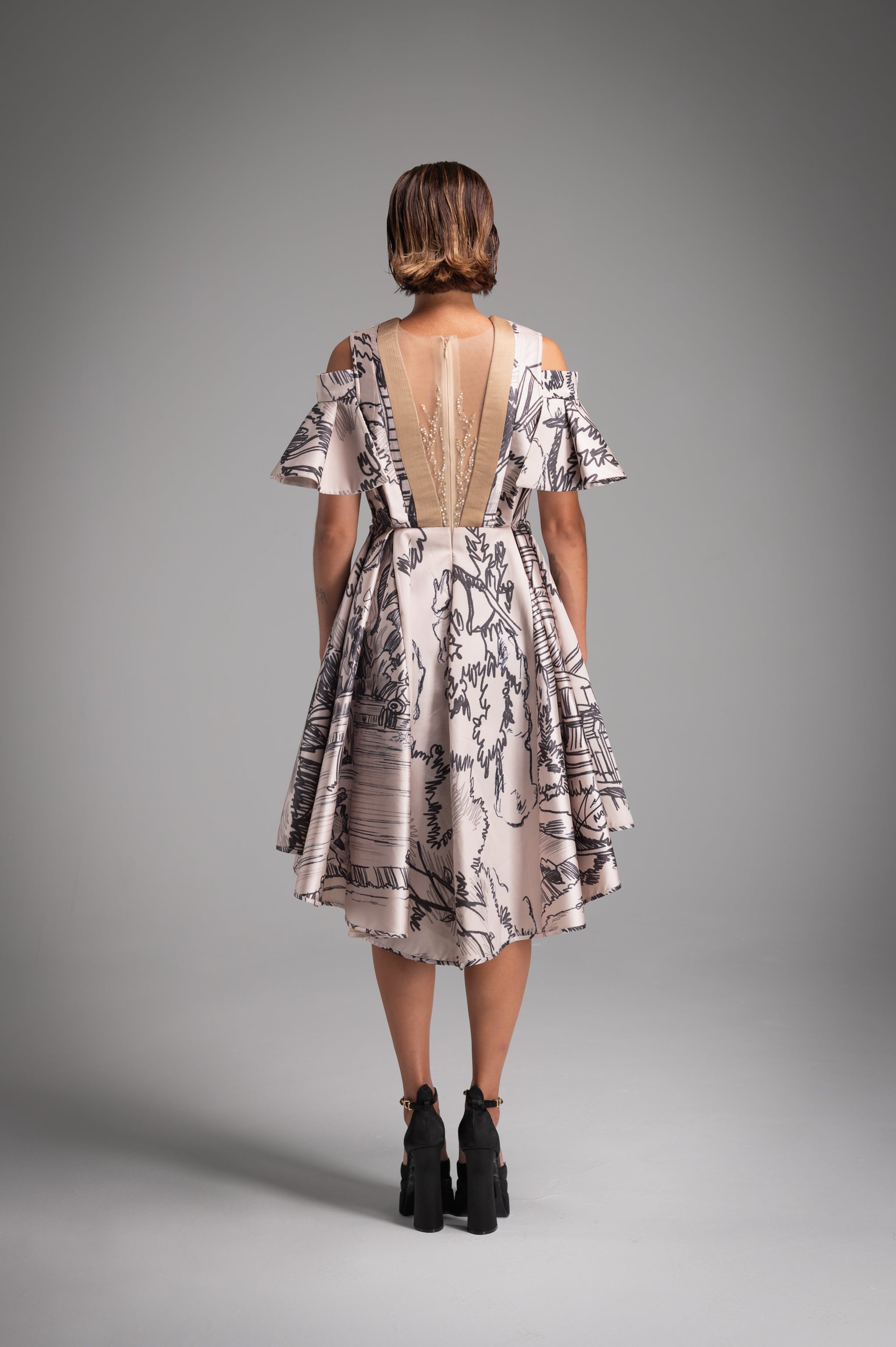 Cream Satin Printed Ruffle Dress