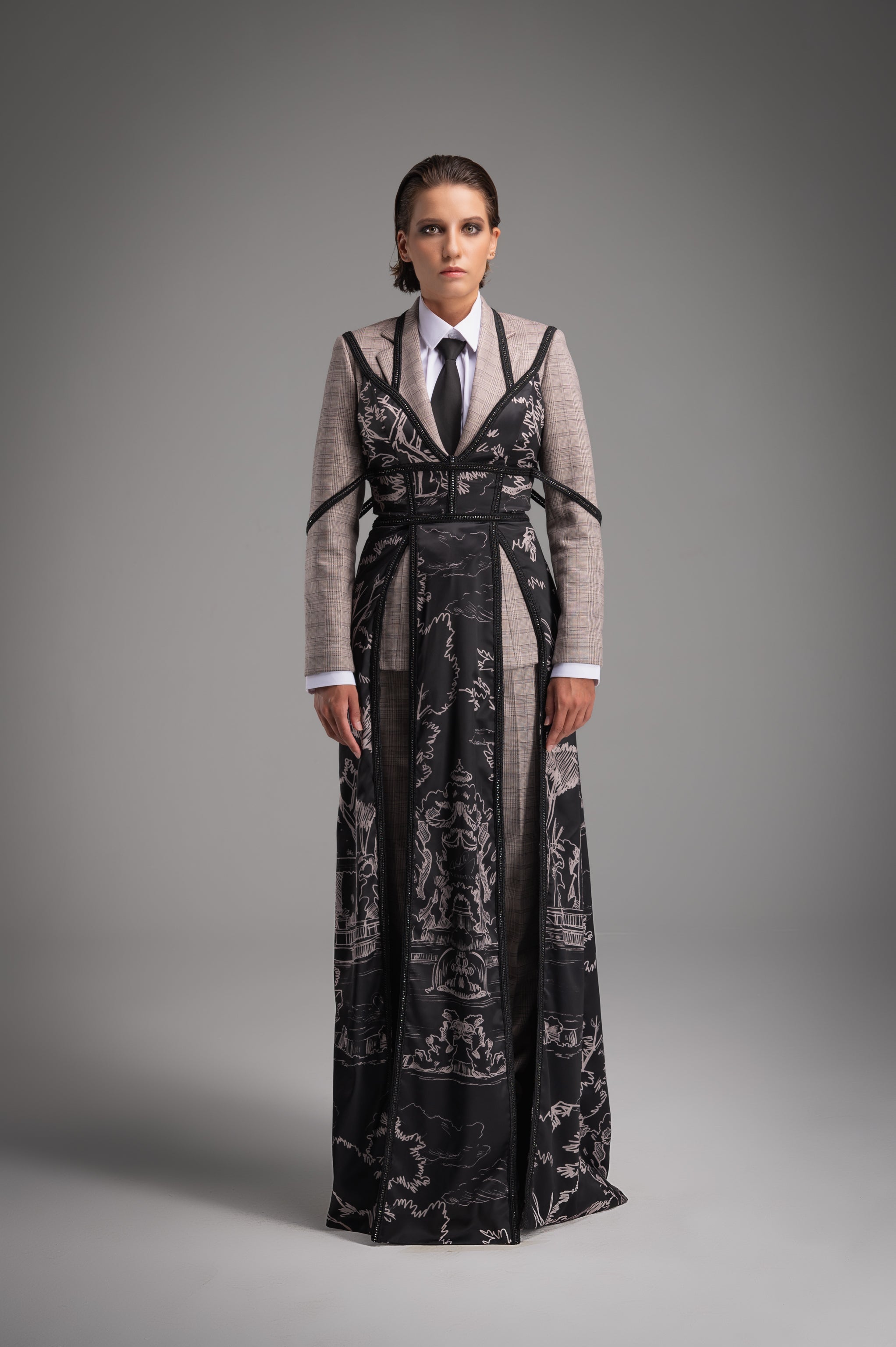Plaid Print Suit Outer Layer black Printed Dress