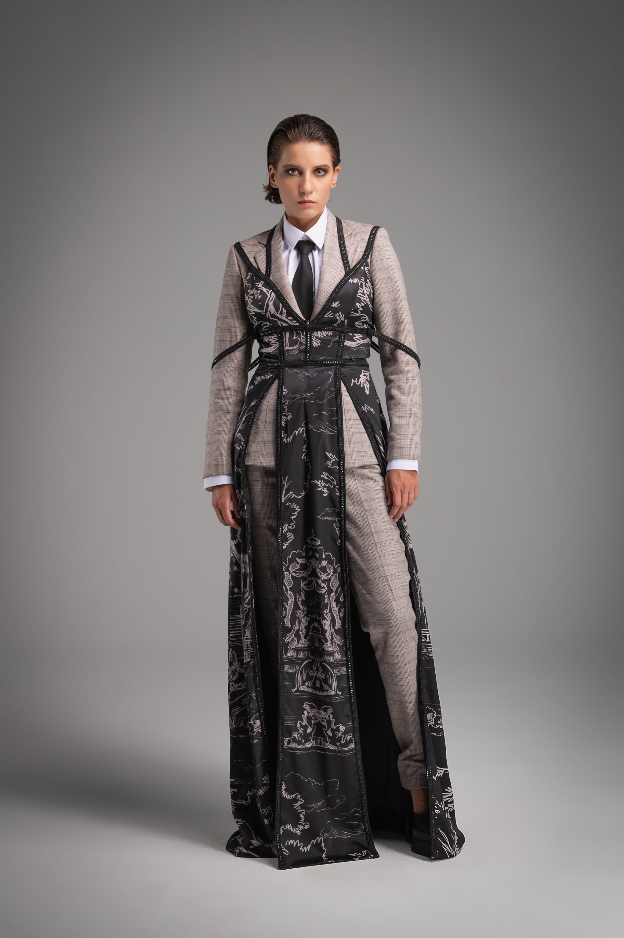Plaid Print Suit Outer Layer black Printed Dress