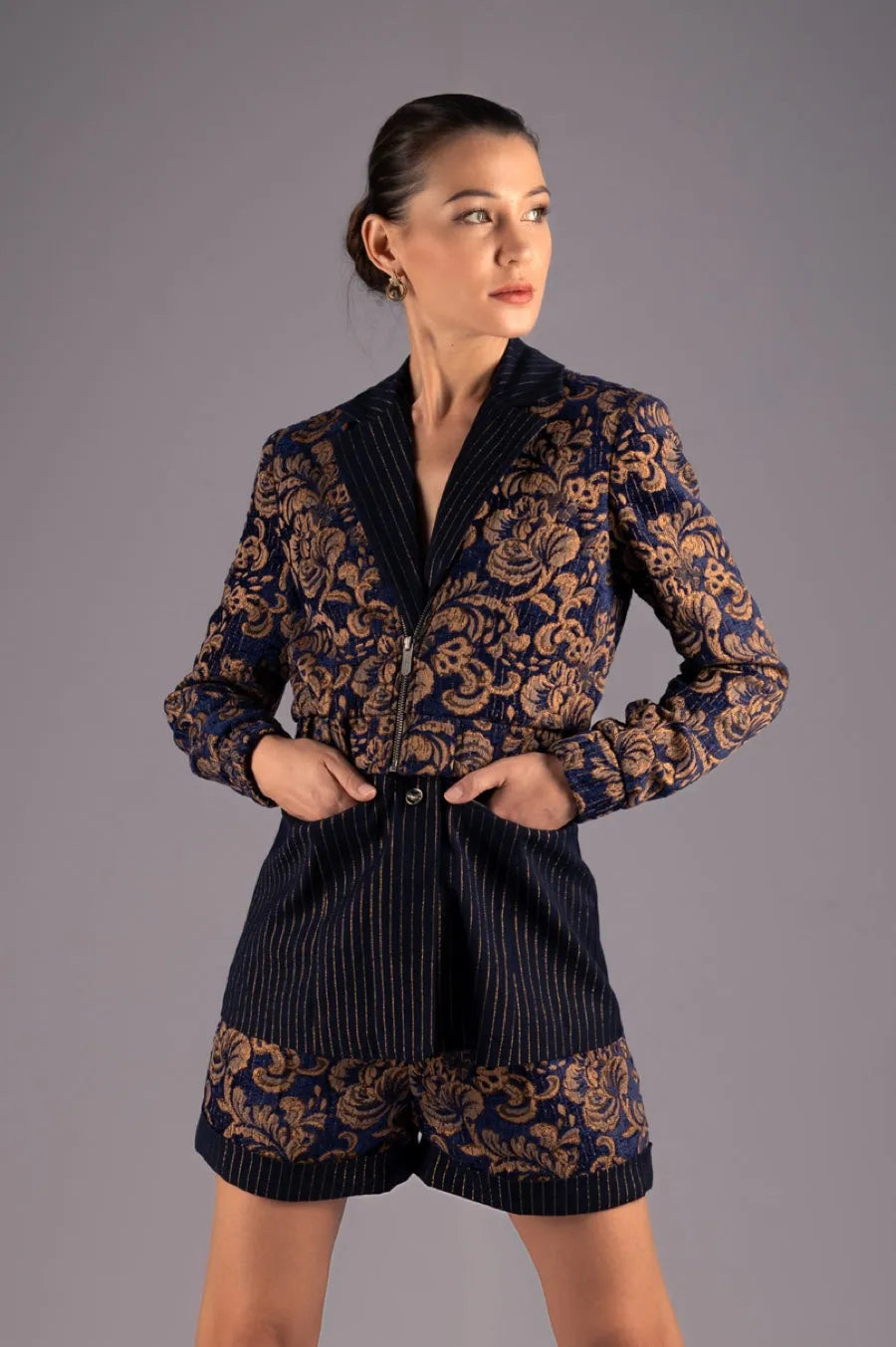 Baroque Navy & Gold Pin-Stripe Short Suit Set