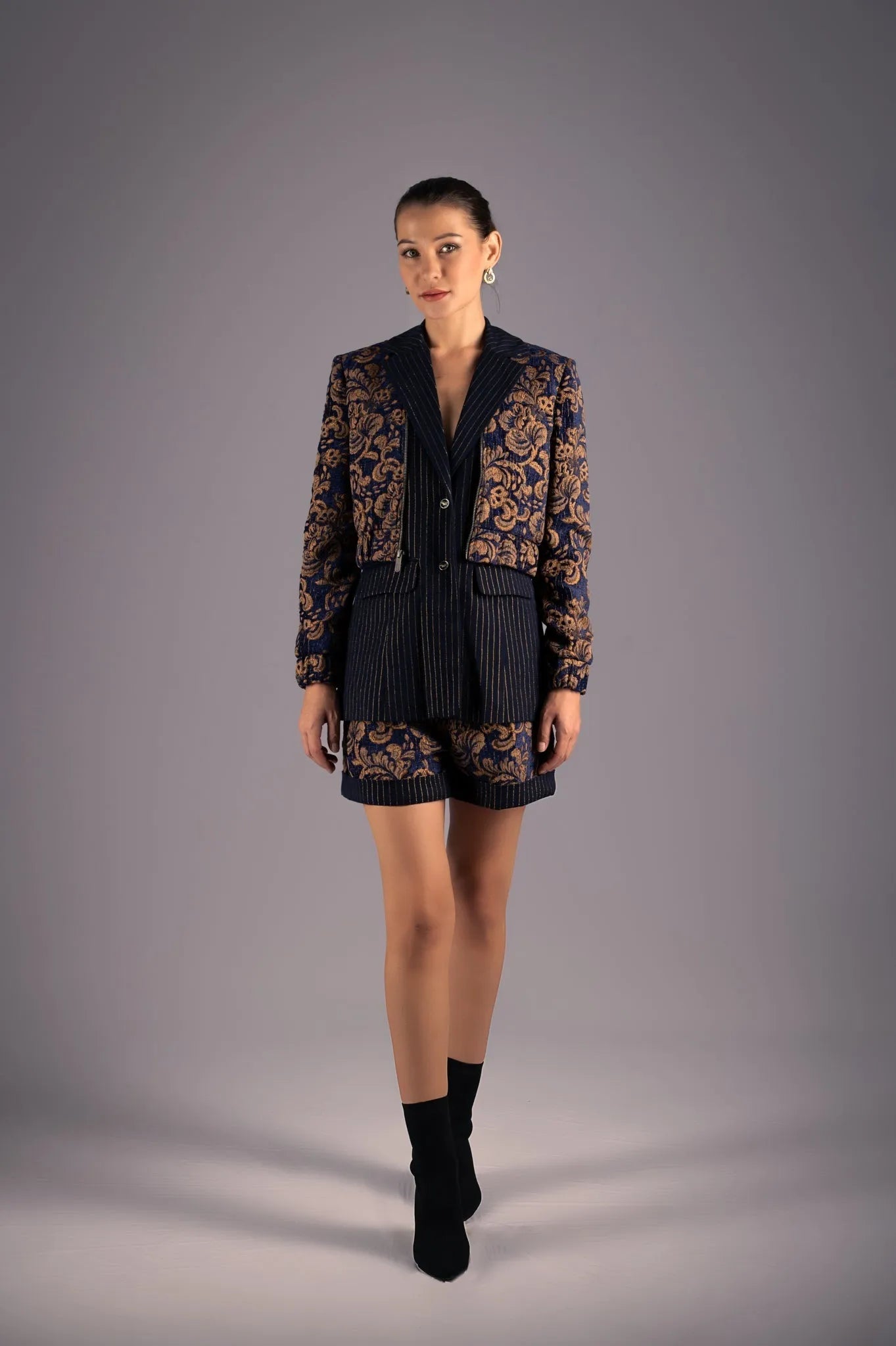 Baroque Navy & Gold Pin-Stripe Short Suit Set