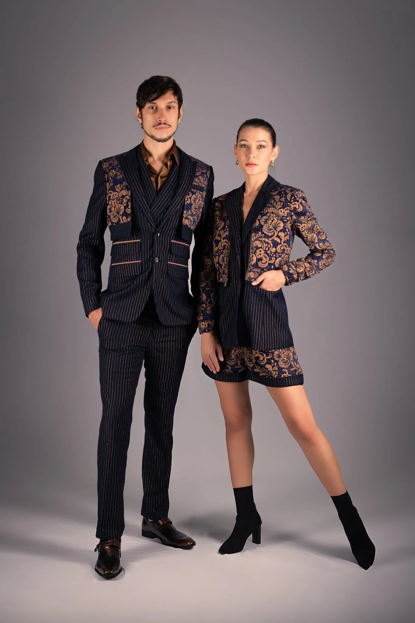 Baroque Navy & Gold Pin-Stripe Short Suit Set