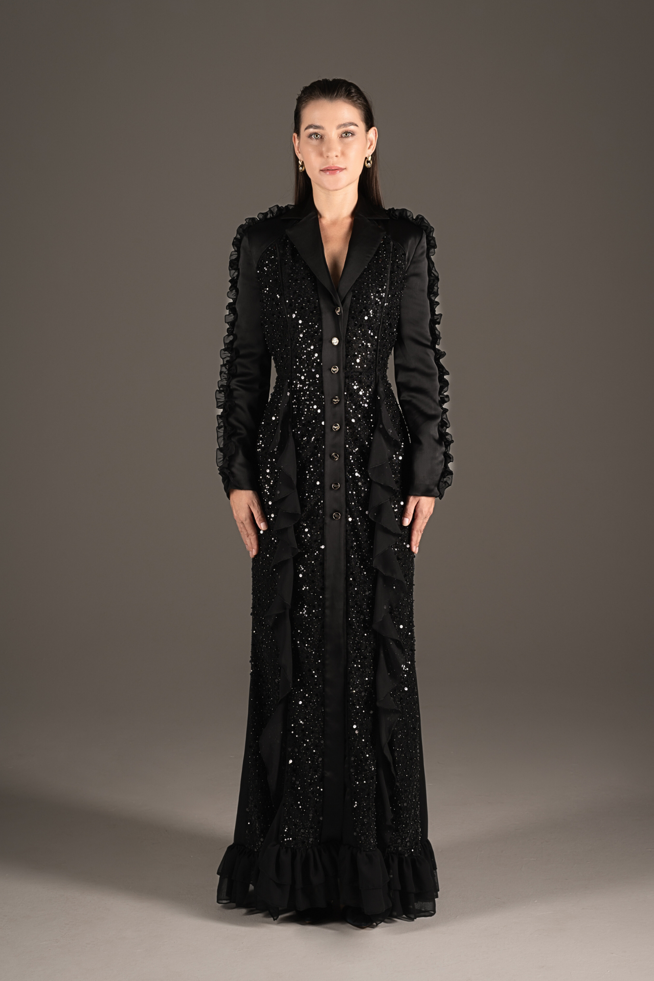 Midnight Sequin Ruffle Tuxedo Gown Natacha Van Midnight Sequin Ruffle Tuxedo Gown Natacha Van