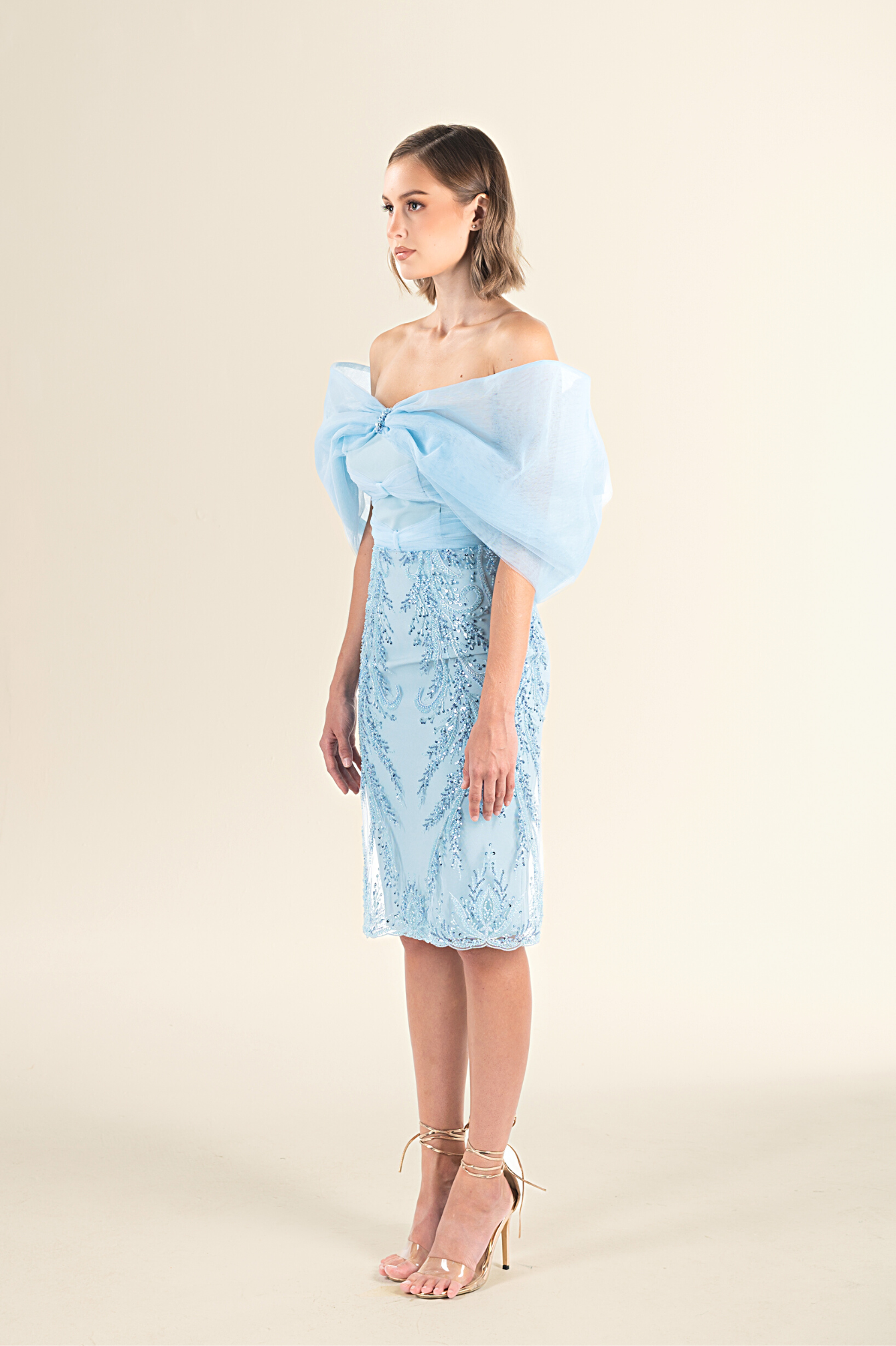 Serenity Blue Bow-Embellished Lace Dress