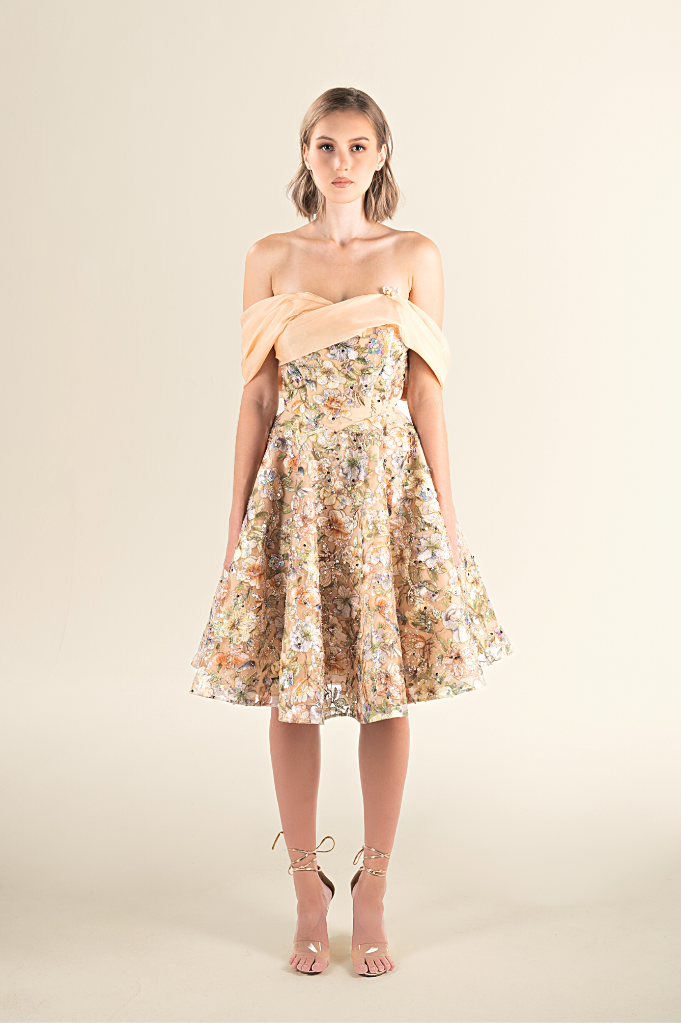 Golden Floral Off-Shoulder A-Line Dress
