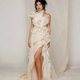 Ivory Off-Shoulder Mini Dress with Train
