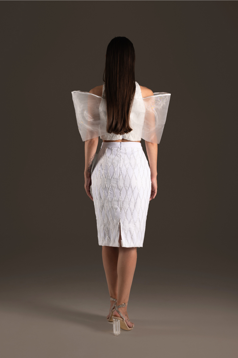 Ivory Tulle Bow Sleeve Two-Piece Pencil Dress