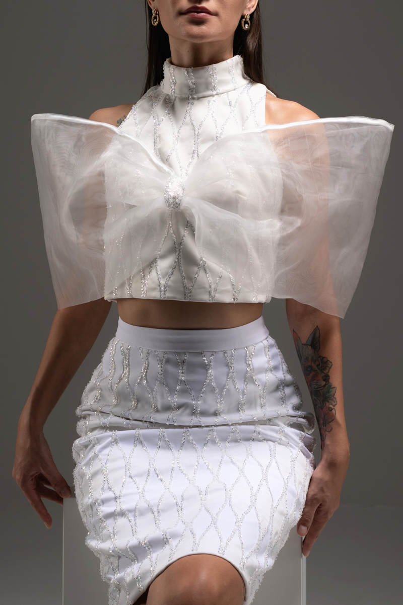 Ivory Tulle Bow Sleeve Two-Piece Pencil Dress