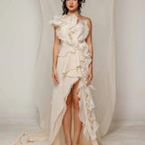 Ivory Off-Shoulder Mini Dress with Train