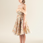 Golden Floral Off-Shoulder A-Line Dress