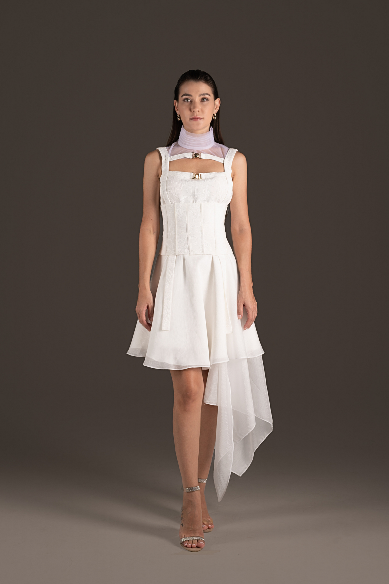 Ivory Asymmetrical Ruffle Cocktail Dress