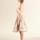 Golden Floral Off-Shoulder A-Line Dress