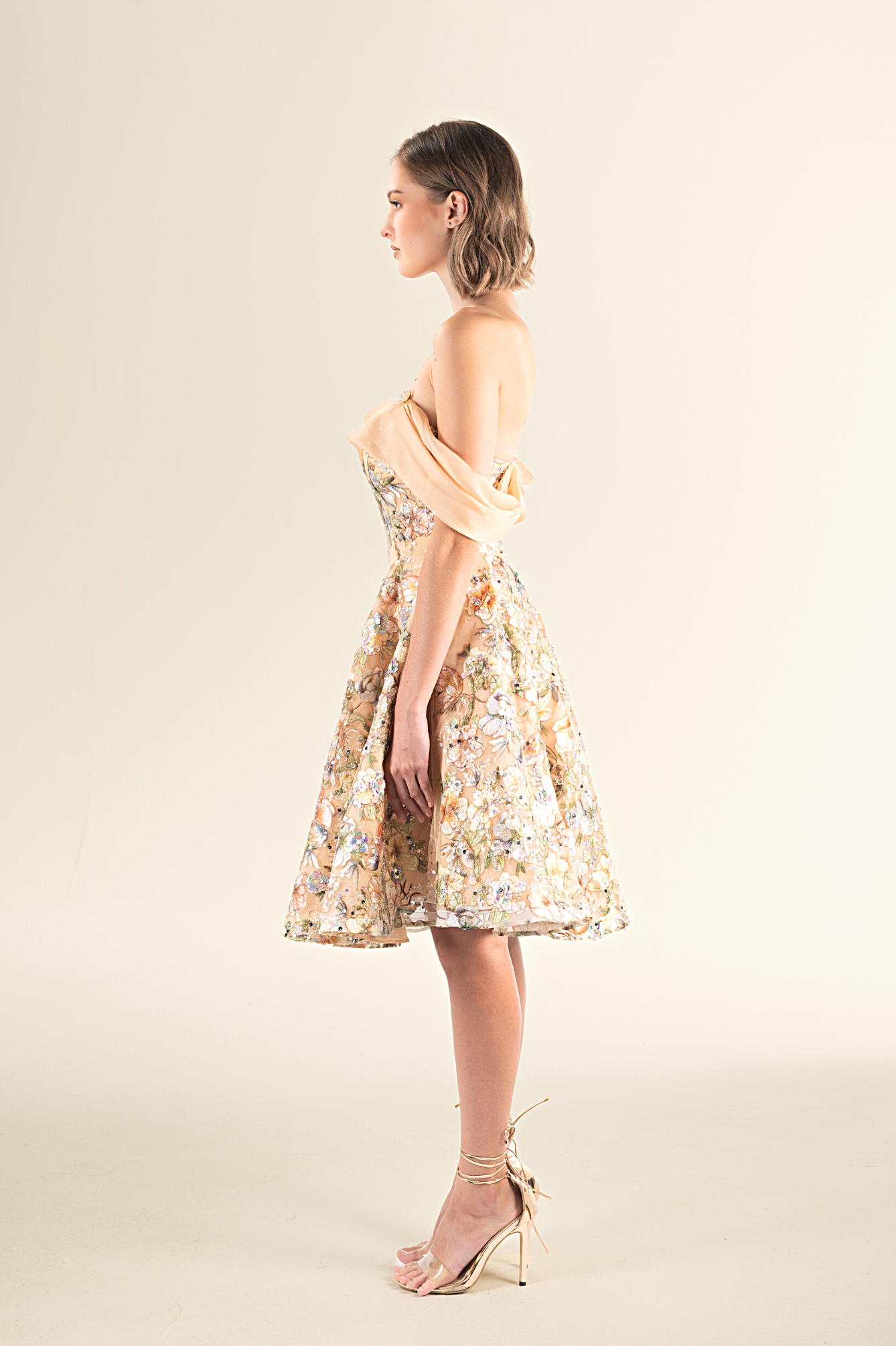 Golden Floral Off-Shoulder A-Line Dress
