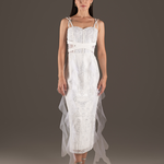 Ivory Sequin Draped Tulle Midi Slip Dress