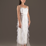 Ivory Sequin Draped Tulle Midi Slip Dress