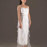 Ivory Sequin Draped Tulle Midi Slip Dress