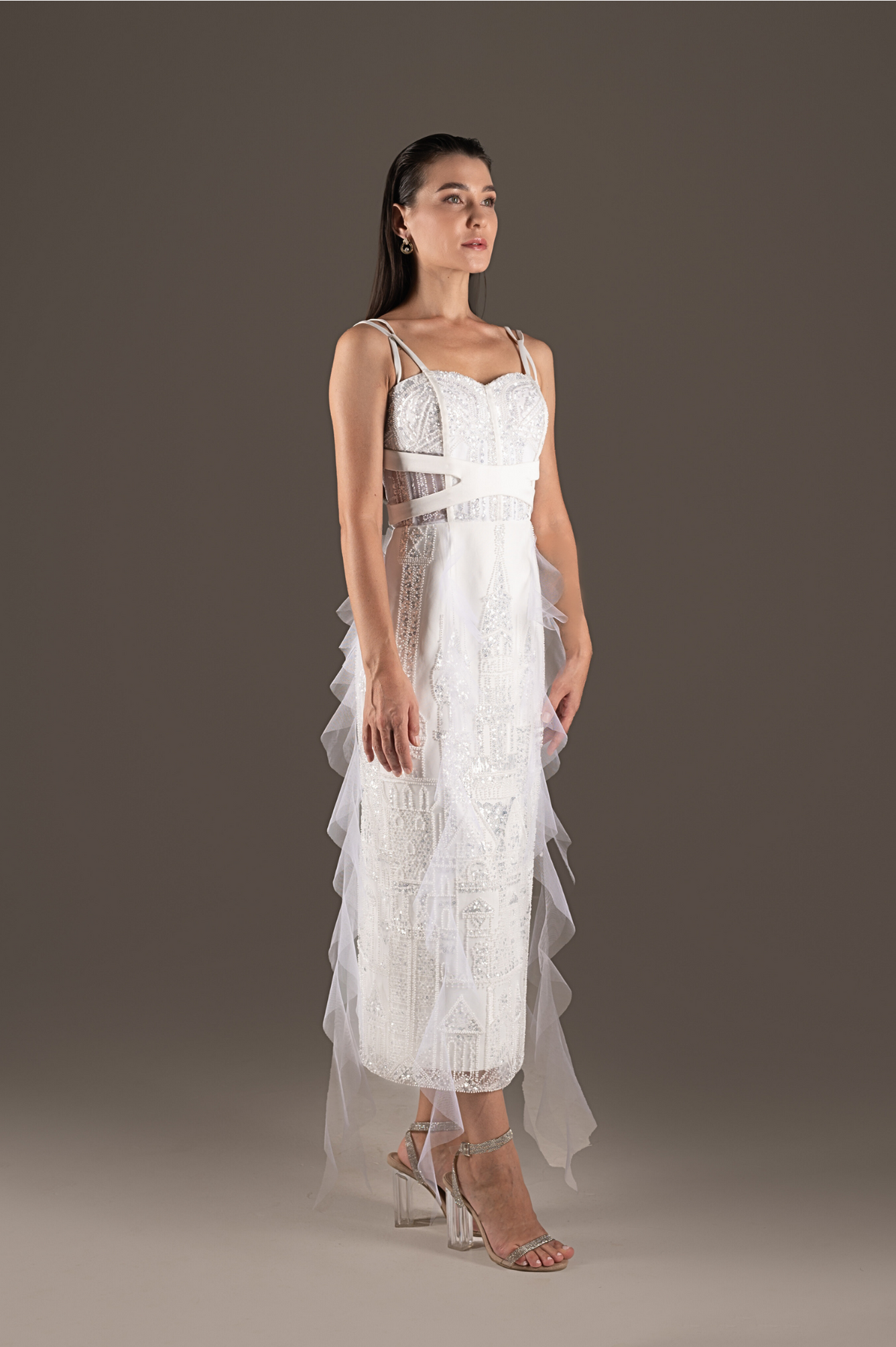 Ivory Sequin Draped Tulle Midi Slip Dress
