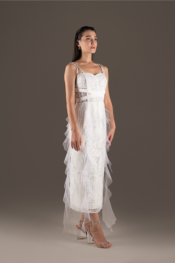 Ivory Sequin Draped Tulle Midi Slip Dress