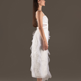 Ivory Sequin Draped Tulle Midi Slip Dress