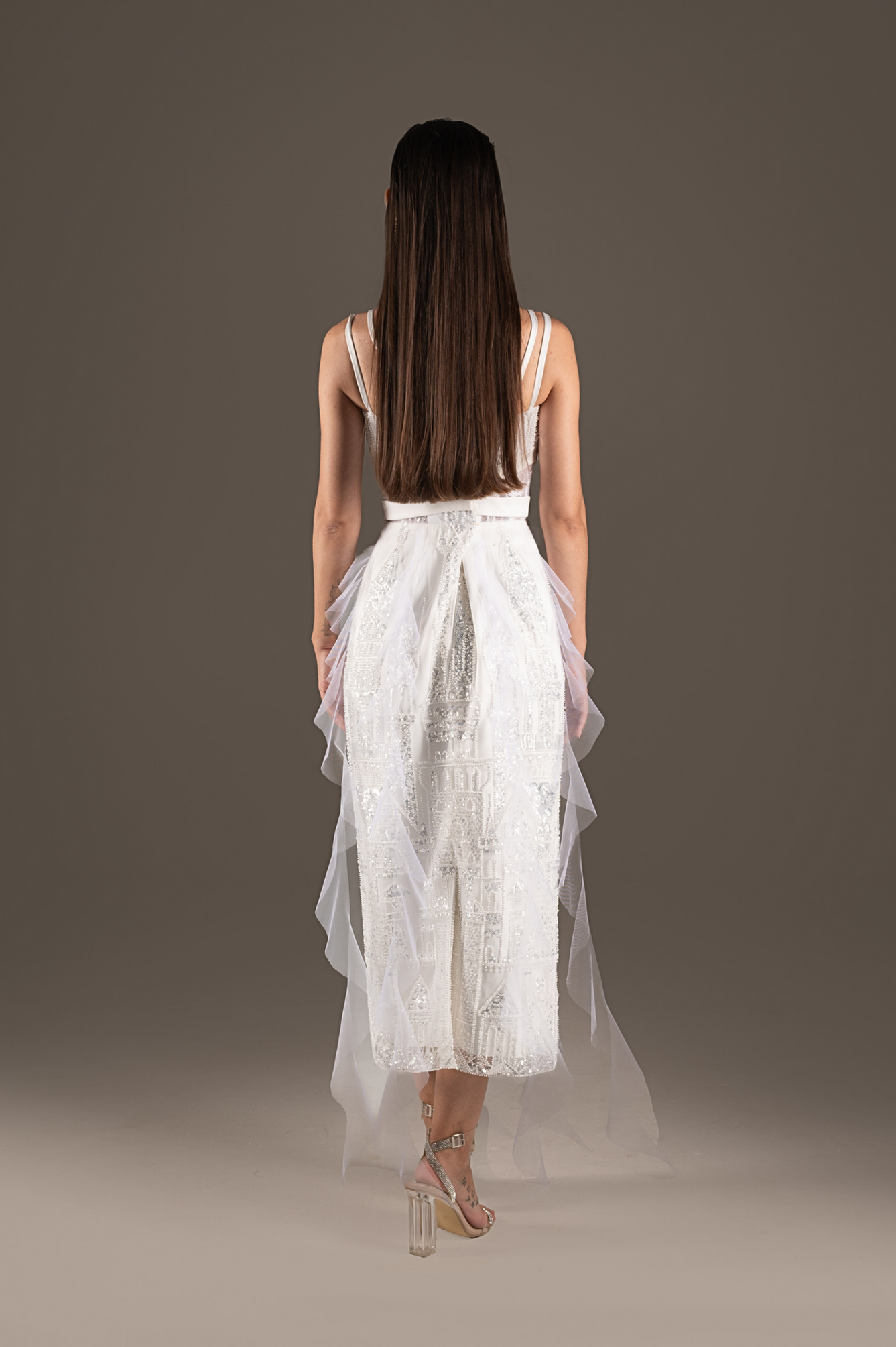 Ivory Sequin Draped Tulle Midi Slip Dress