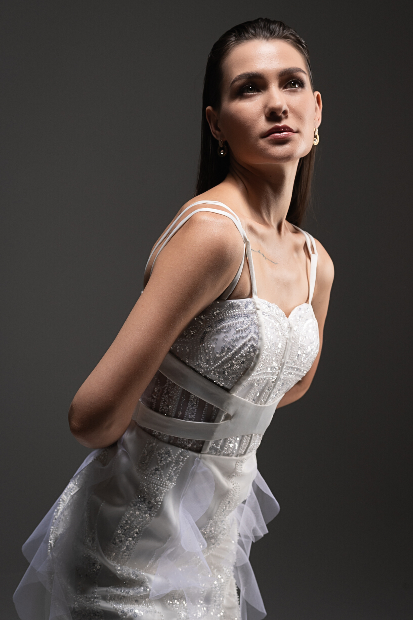 Ivory Sequin Draped Tulle Midi Slip Dress