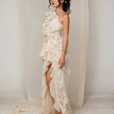 Ivory Off-Shoulder Mini Dress with Train