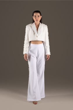 Ivory Cropped Jacket & Wide-Leg Trousers Set