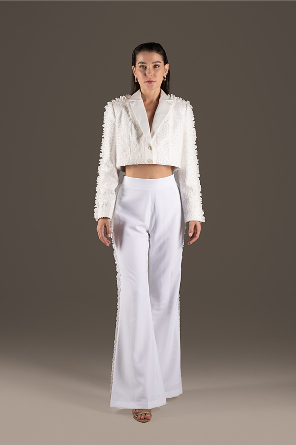Ivory Cropped Jacket & Wide-Leg Trousers Set