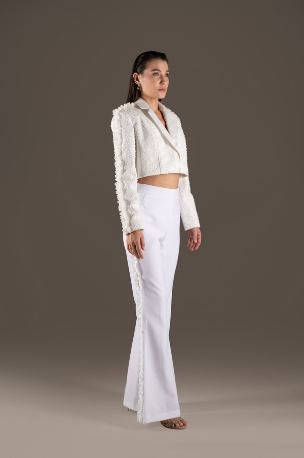 Ivory Cropped Jacket & Wide-Leg Trousers Set