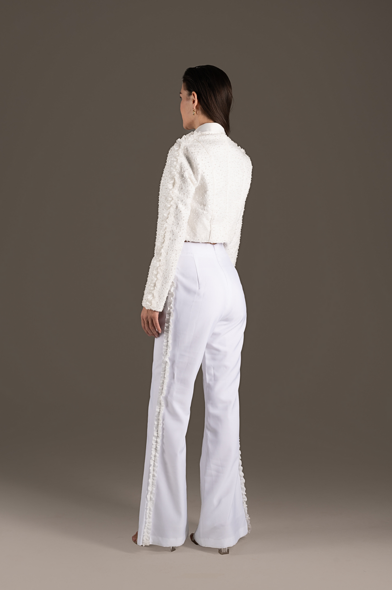 Ivory Cropped Jacket & Wide-Leg Trousers Set