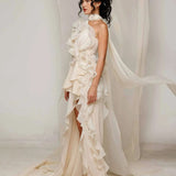 Ivory Off-Shoulder Mini Dress with Train