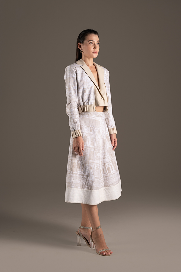 Cream Fitted Jacket & A-Line Midi Skirt Ensemble