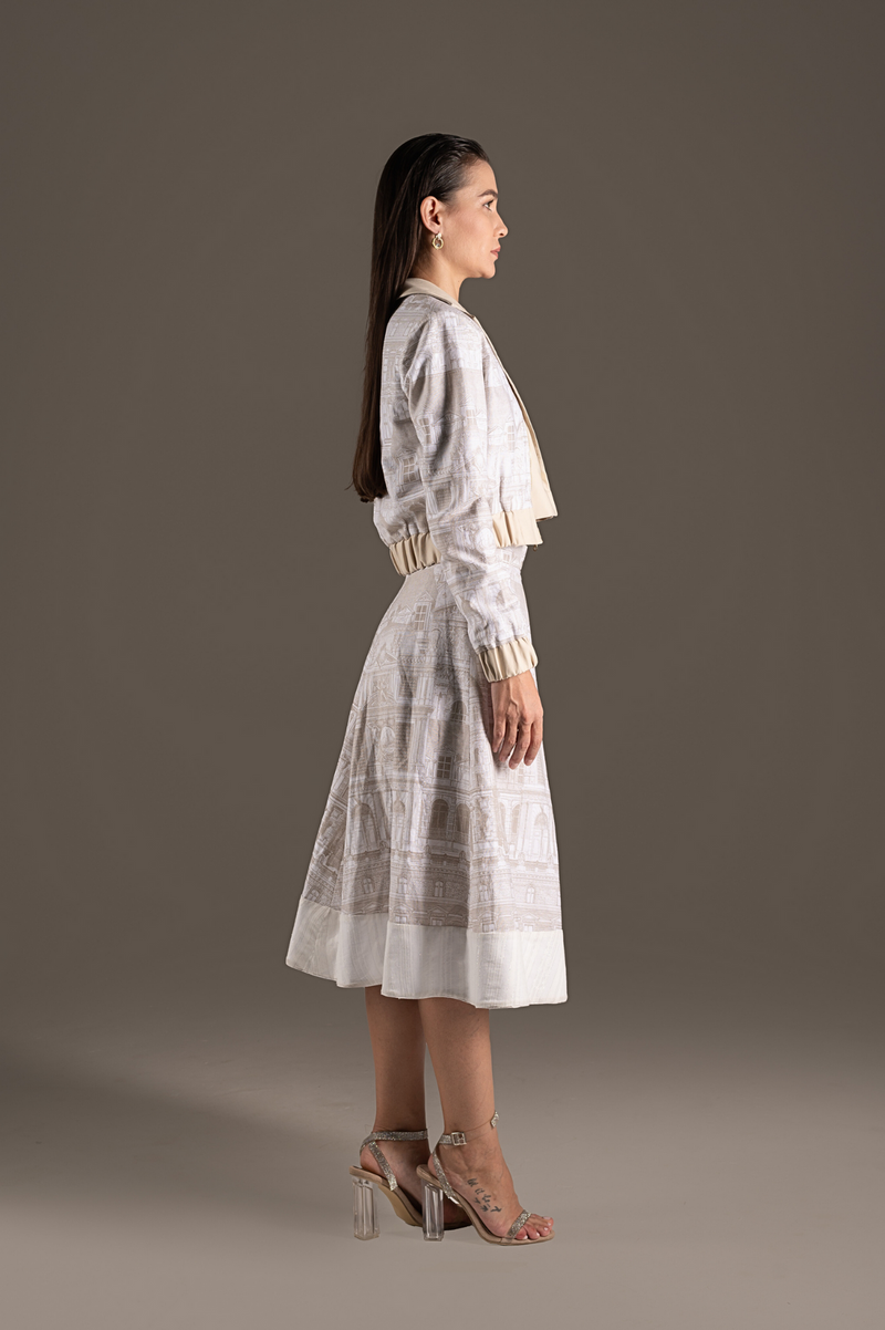 Cream Fitted Jacket & A-Line Midi Skirt Ensemble