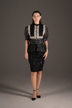 Sequin Embellished Peplum Pencil Dress - Midnight Black